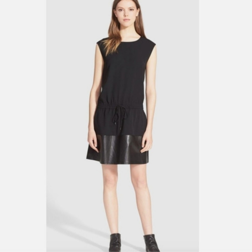 VINCE Lamb Leather Contrast Drawstring Black Dress Size Large, Chic, Stylish